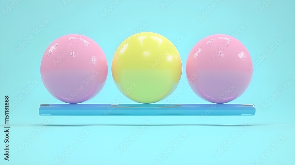 Poster balancing colorful spheres on a transparent rod studio setting 3d animation playful vibe