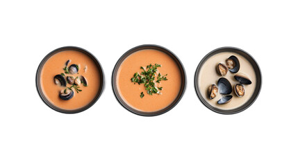 Three Gourmet Bowls of Clam Chowder with Fresh Ingredients