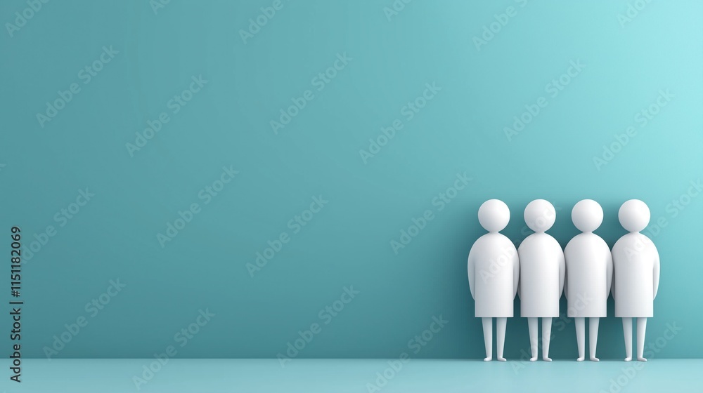 Poster four stylized figures in a minimalist design stand side by side against a calm turquoise backdrop, e