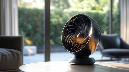A sleek modern fan sits on a table, providing a stylish cooling solution.