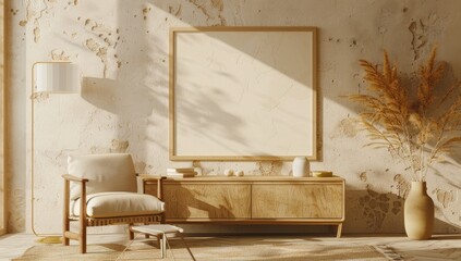 A cozy living room interior with a wooden armchair. a wooden cabinet. a potted plant. and a blank frame on the wall