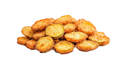 Crispy Breaded Fried Pickle Slices Piled on a White Background