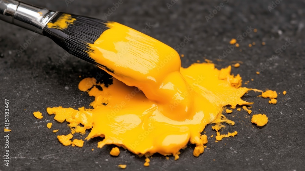 Poster vibrant yellow paint flows from a brush and splatters onto a dark surface, showcasing a dynamic mix 