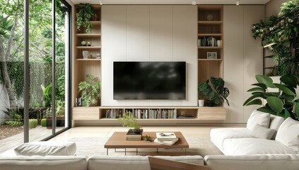 Mockup a TV wall mounted with armchair in living room with a white wall.3d rendering