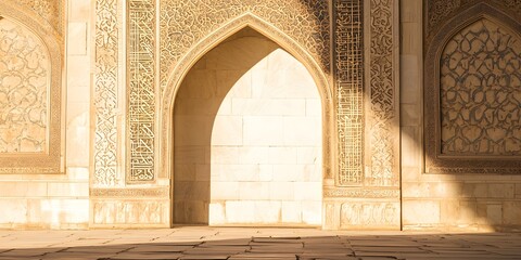 A beautifully adorned Islamic archway with intricate arabesque designs and rich cultural detail.
