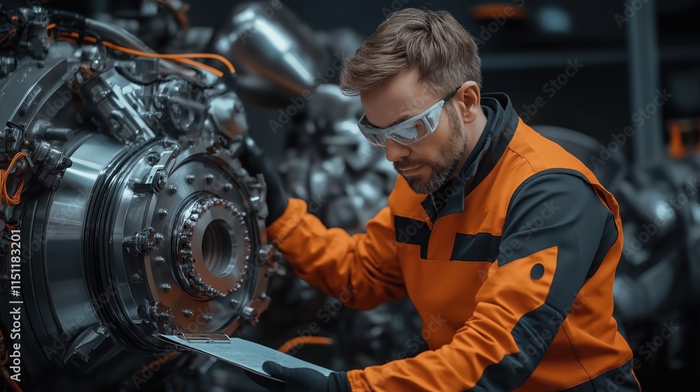 Poster technician wearing protective eyewear and a vibrant orange uniform examines aircraft engine parts in