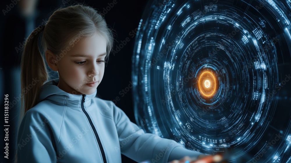 Poster girl engages with a glowing holographic interface, showcasing intricate patterns and data. dim surro