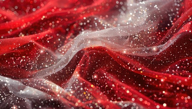 Decorative red glittering sequins on red cloth textile texture fashion background.