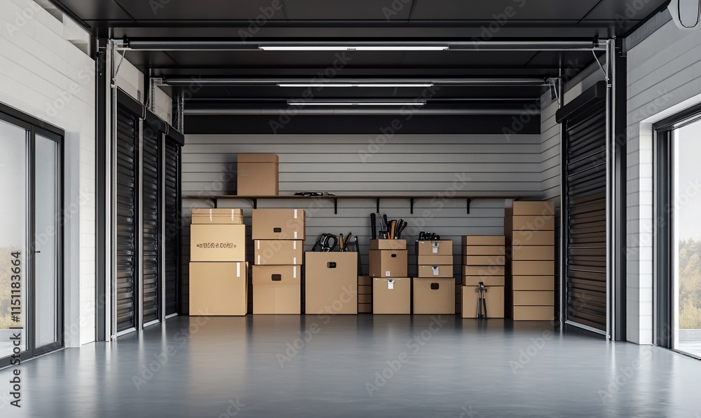 Poster a spacious storage area with neatly stacked boxes and tools.