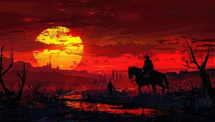 Naklejka premium Cowboy In The Arizona Desert Sunny Lanscape. Generated with AI.