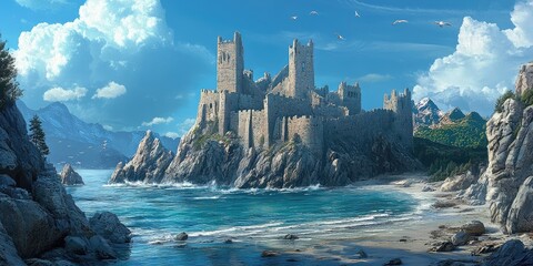 A wet castle fortress made of stones stands as a rock formation along the beach coastline, featuring coastal rocks, stone boulders, and a dungeon prison, creating a defensive barrier and natural