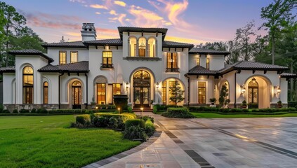 Beautiful two-story Spanish style home in the middle of spring, sunset lighting