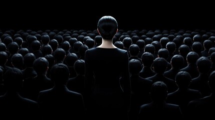 Obraz premium lone figure stands in the foreground, facing a crowd of identical figures dressed in black. crowd looms in shadow, creating a striking contrast in this mysterious atmosphere