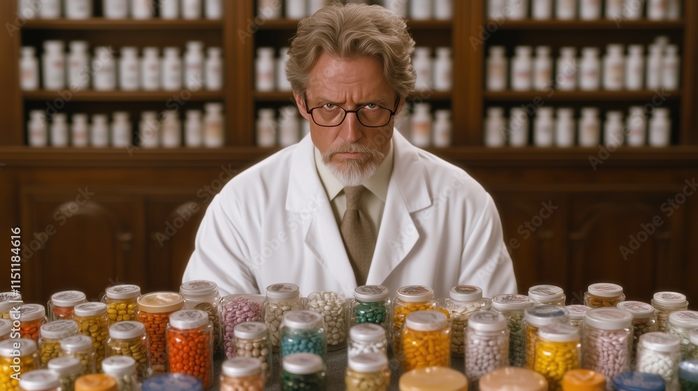 Aufkleber serious scientist with glasses and a lab coat sits in front of a multitude of jars containing vibran