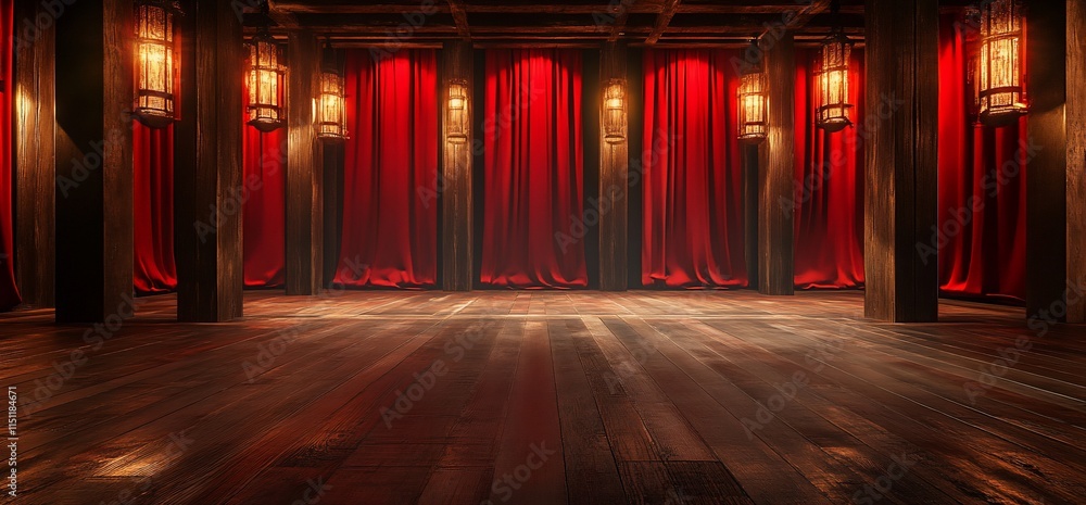 Poster a stage with red curtains and lanterns, ready for a performance.