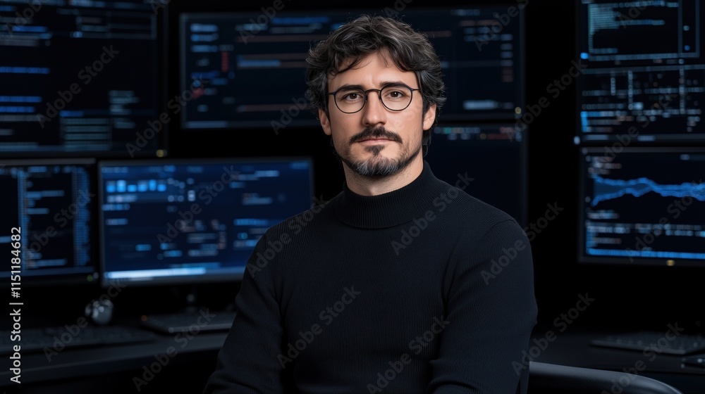 Poster focused individual with glasses is positioned in a contemporary office setting, surrounded by comput