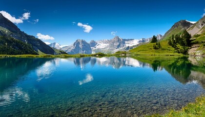 Crystal-clear water reflecting the beauty of surrounding mountains, creating a tranquil natural scene.