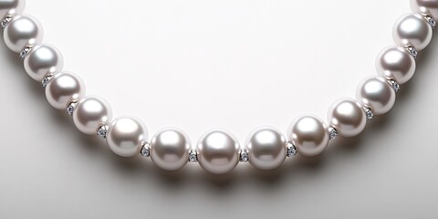 Obraz premium Closeup view of a pearl necklace elegantly displayed against a white background, showcasing the beauty and luster of the pearl necklace in exquisite detail. Perfect for jewelry enthusiasts.
