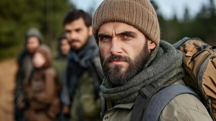 Fototapeta premium group of individuals dressed in outdoor gear focuses on survival training in a forested area. scene captures their determination and teamwork during the activity