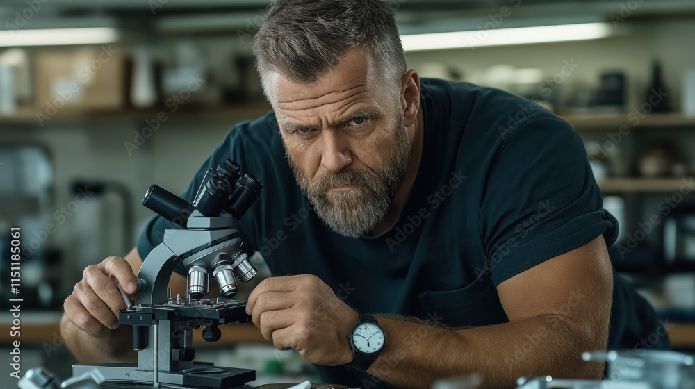 Poster scientist with a beard focuses intently on samples under a microscope in a well-equipped laboratory.