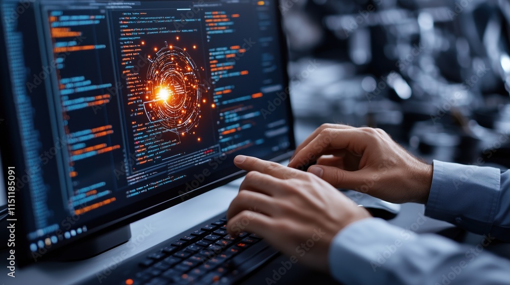 Poster person engages in programming at a sleek workstation, focused on a monitor displaying vibrant code a