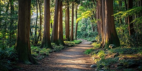 Obraz premium Scenic view of a forest trail park, featuring a beautiful landscape of hinoki cypress trees in a serene environment. Experience the tranquility of this lush forest trail park filled with nature.