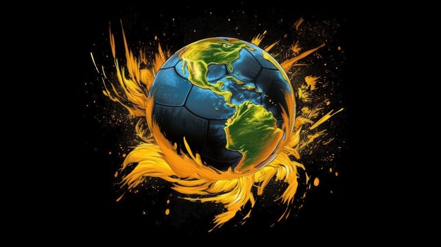 Fiery globe soccer ball, global energy.