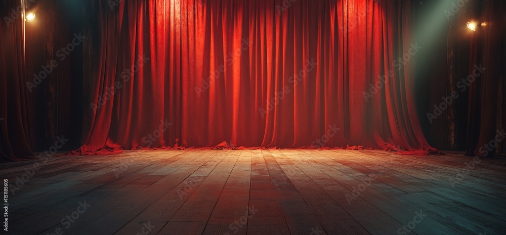 Poster a stage with red curtains, illuminated by soft lights, ready for a performance.