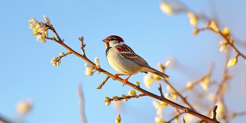 A sparrow perches gracefully on a willow branch, contrasting beautifully against the clear blue sky, creating a serene scene with the sparrow and willow enhancing the tranquility of nature.