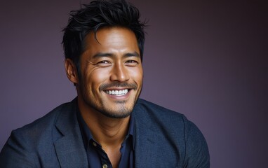 Fototapeta premium Asian man with a smile on his face is wearing a suit and a shirt in studio color background