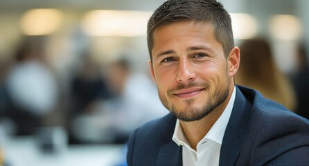 Fototapeta premium Confident businessman with a suit and a smile in a office background, He looking at the camera