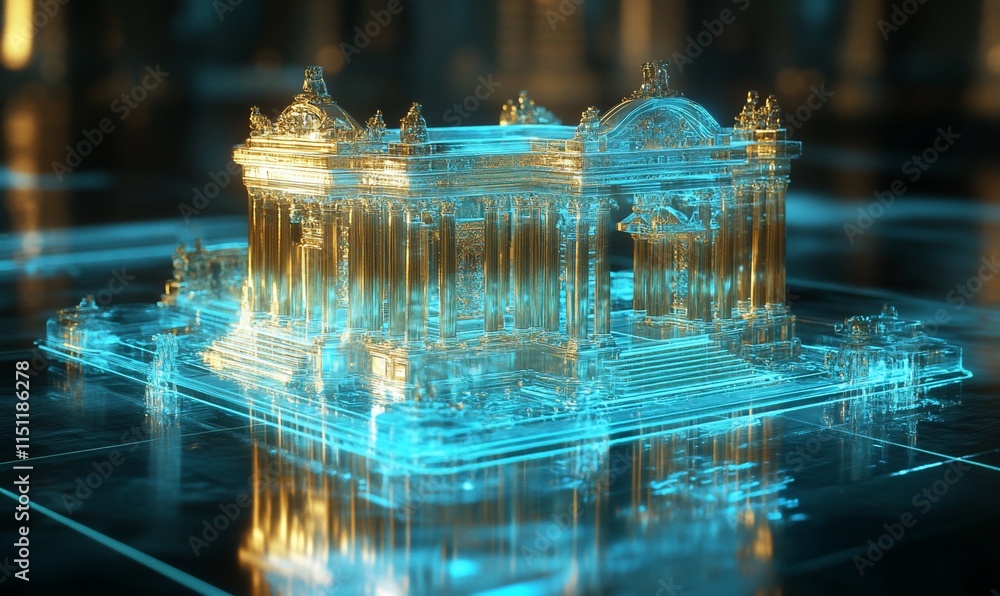 Poster a translucent, illuminated architectural model showcasing intricate design.