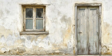Fototapeta premium Rustic door featuring a weathered window set against a textured, damaged facade, showcasing the charm of rustic design and the beauty found in imperfect structures.