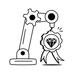 A robot arm holding a medal with a diamond, concept icon of superior factory performance