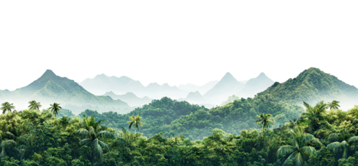 Dense green jungle and distant misty peaks, isolated on transparent cutout background