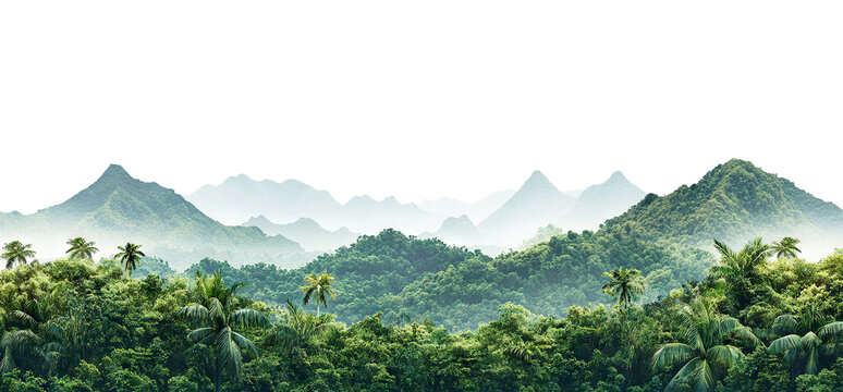 Dense green jungle and distant misty peaks, isolated on transparent cutout background - Powered by Adobe