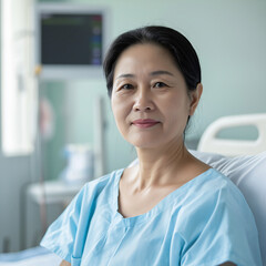 Asian Elderly Woman Smiling in Hospital Room - Healthcare and Recovery Concept