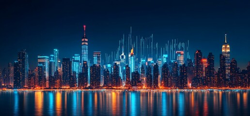 Obraz premium A vibrant city skyline at night with illuminated buildings reflecting on water.