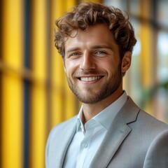 Obraz premium Young man smiling confidently in a stylish suit against a vibrant wall backdrop