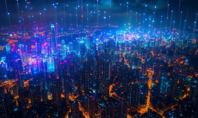 Fototapeta premium A vibrant city skyline illuminated by colorful lights in a nighttime setting.