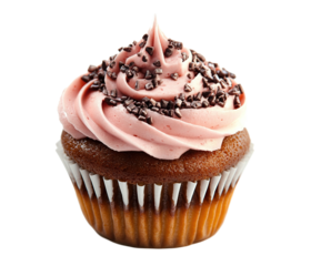 Delicious cupcake with pink frosting and chocolate sprinkles, isolated on transparent cutout