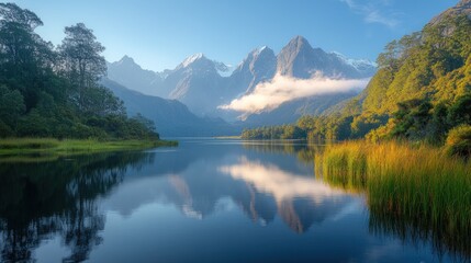 Fototapeta premium Serene lake reflecting snow-capped mountains.