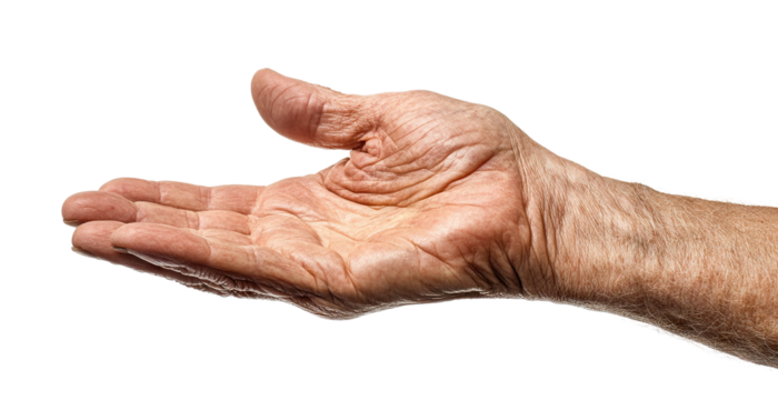 Outstretched hand of an elderly person, isolated on transparent cutout background