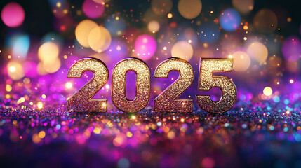 3D Glitter Gold Text '2025' on Shimmering Colorful Background for Luxurious and Festive New Year Celebration Themes