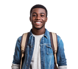 Happy young African student with a backpack, isolated on transparent cutout background
