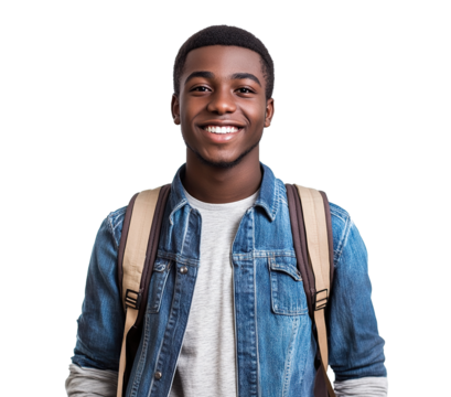 Happy young African student with a backpack, isolated on transparent cutout background

