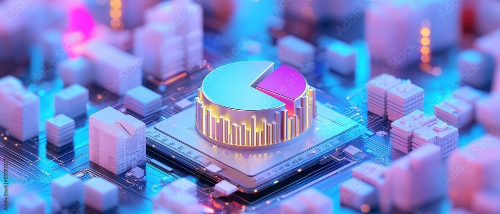 Poster isometric 3d pie chart bar chart neon gold data visualization