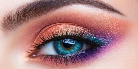 Obraz premium Vibrant mixed color eye shadow makeup paired with a subtle blush creates a stunning look, emphasizing the artistry of mixed color eye shadow and blush for a captivating appearance.