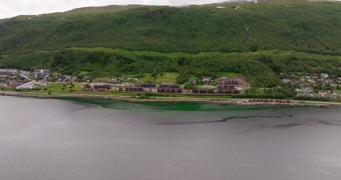 Seafront Houses Near Tromso Road E8 In Troms&oslash;, Norway. Aerial Wide Shot