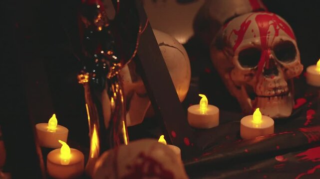 Skull, candles, angel and cross decorations for halloween